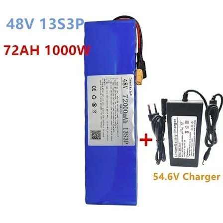 48V 100Ah 2000W 13S3P XT60-DC 48V litiumioniakku 100000mAh, sopii 54.6V sähköskoottereihin BMS+laturilla
