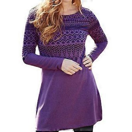 T-shirsklänning för damer, långärmad, rund hals, tryckta tunikor, ledig lös flödande swingklänning, höst lång blustopp, lila L