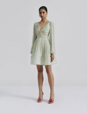 Malina Estelle V-Neck Chiffon Mini Dress - Green - XS