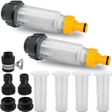 Hagevannslangefilter, 2 stk. 3/4 tommers vannforfilter, vannfiltersett med 4 filterinnsatser og 5 hurtigkoblingsadaptere for høytrykksspyler, G