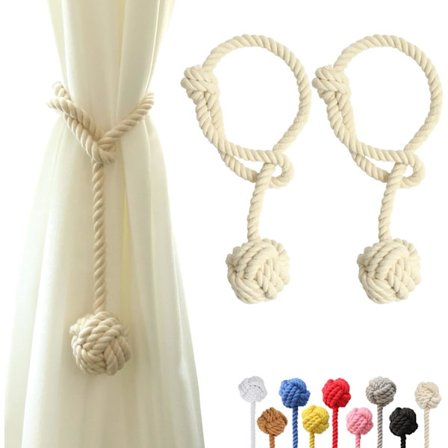 Set med (2 beige) Gardinband med Stor Vävd Boll i Bomull, ZQKLA