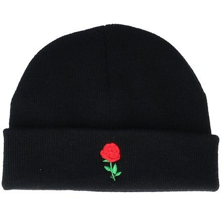 Iconic - Black - shortbeanie - Beanie - Tiny Red Rose Black Short Beanie - Hatstore