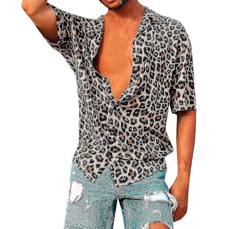 Herr Baggy Strand Leopardtryck Kortärmad Knapp Retro T-shirts Toppar Blus