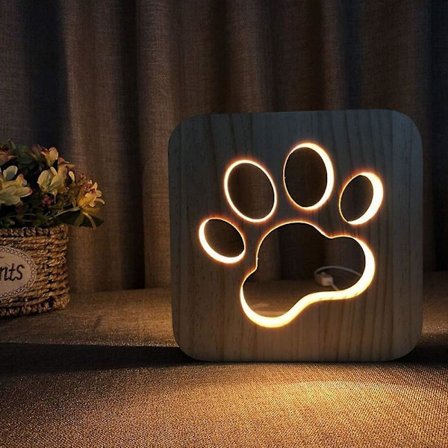 Led nattlampa djur nattlampa, trä snidad USB-lampa, kreativ tassavtrycksbordslampa, trä nattlampa 3d lampa hund tass katt nattlampa