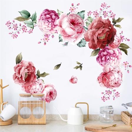 Pionblommväggklistermärke, självhäftande vattentät PVC-rosblomm tapetdekoration, DIY väggkonst väggmålning för sovrum barnrumsdekoration