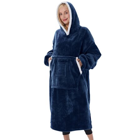 Vinterbärbar filt Hoodie Flanell Sherpa Fleece filt Sweatshirt för vuxna Dam herr Komfort Huvtröja filt med huva Dubbla fickor (Blå