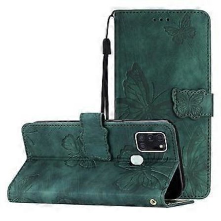 Kompatibel med Samsung Galaxy A21S preget sommerfugl-deksel med lommebok og stativ - Grønn