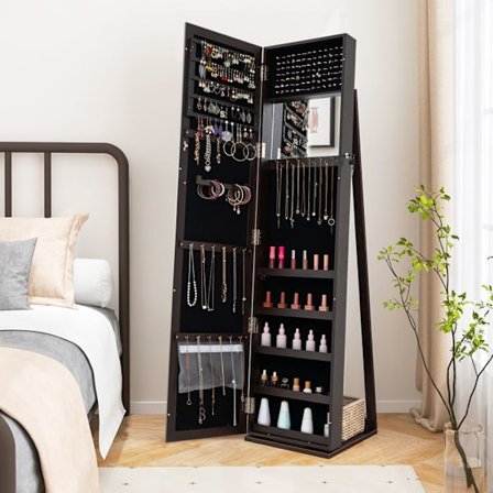 COSTWAY 2 i 1 fritstående smykkegarderobe, fuldlængde spejl og indbygget spejl, låsbar nøgle, stor kapacitet, kaffe