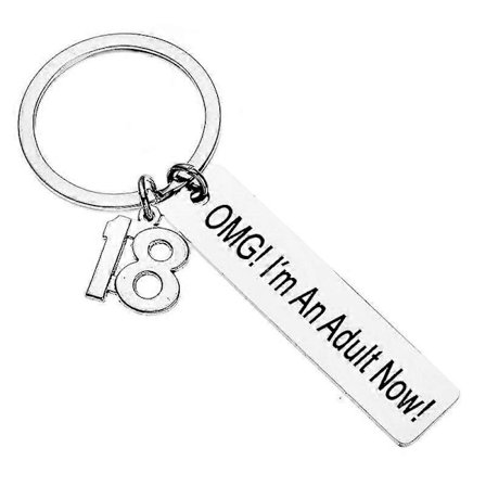 18 års fødselsdags nøglering, rustfrit stål Omg! Jeg er voksen nu! Nøglering, Mitzvah gave nøglering, 18 års fødselsdags nøglering til damer