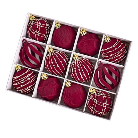 12 stk. Fløyels Julekuler Dekorative Plast Ornamenter Juletrepynt til Jul Bryllup Fester