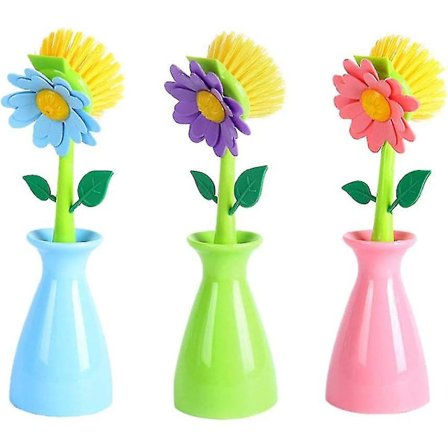 3 stk Køkken Skrubbebørste Sød Blomst Form Langt Håndtag Opvask Skrubbe Rengør til Skrubbe Sæt