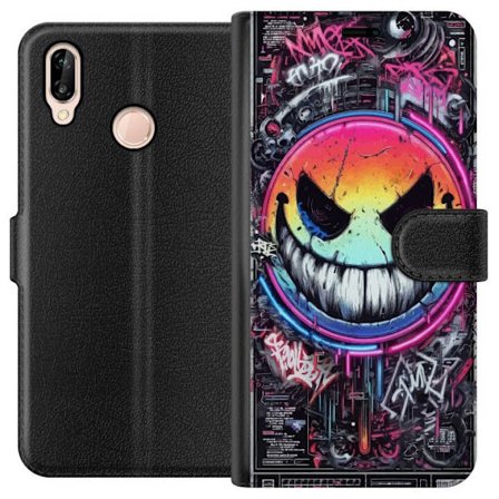 Kompatibelt Plånboksfodral till Huawei Huawei P20 lite Cyberpunk smiley med neonfärger, graffiti och futurisk techstil, edgy digital konst för game