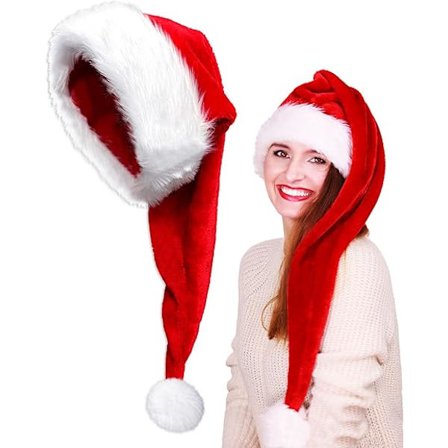 Lang Nisselue for Voksne Unisex, Myk Fløyel Julehatt, Luftig Hvit Pelskant, Lodden Nisselue for Julefest{KDO}