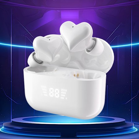 Opgraderet digitalt hjerteformet trådløst øretelefon Bluetooth-headset med opladningsetui, lette hovedtelefoner indbygget mikrofon - hvid