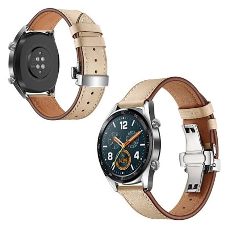 Huawei Watch GT / 2 / Watch Magic ægte læder Urrem - Abrikos/ Sølv