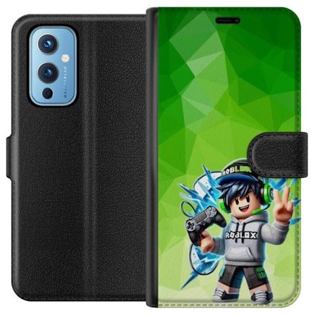 Yhteensopiva Lompakkokotelo OnePlus 9 Roblox-inspiroitu pelaajahahmo, jossa on kuulokkeet, ohjain ja energiset efektit vihreää taustaa vasten