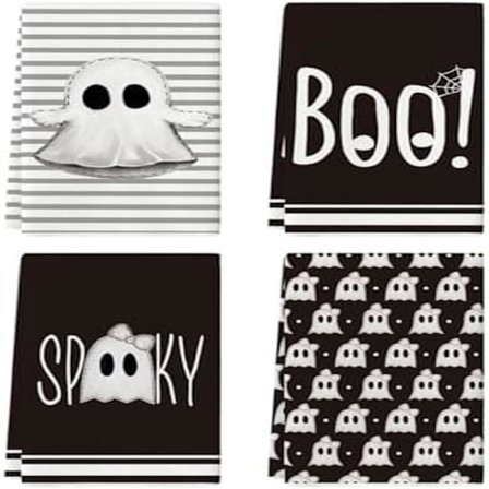 Svarta Randiga Spöken Boo Läskiga Halloween Kökshanddukar Disktrasa, 18x26 Tum Båge Dekoration Handdukar Set med 4