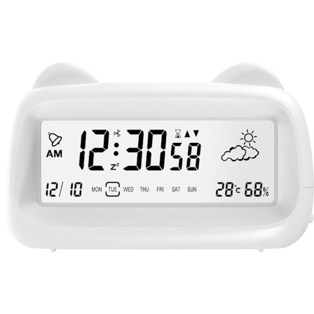 Digital vekkerklokke med lys i hvit farge, sanntids temperatur og fuktighet, værvisning, USB-lading, kompatibel med Braun
