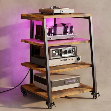 4-hyllyinen HIFI-hyllykkö LED-valolla ja pyörillä, puinen audio/video-hylly, multimedia-rack, jossa 3 pistorasiaa ja USB, max. 140KG