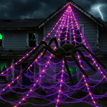 Halloween-dekorasjon – 5M Spindelvev LED-lyslenke med 250 LED-lys og Svart Edderkopp for Hjem og Hage