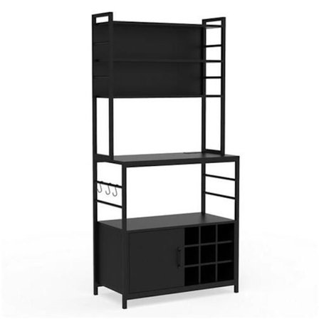 COSTWAY Keittiöbuffet sähköpistokkeilla, Viinipulloteline, Metallirunko, Keittiöön, Olohuoneeseen, Ruokasaliin, Musta