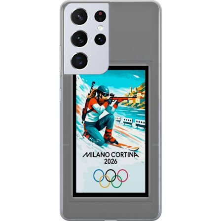 Kompatibelt Mobildeksel til Samsung Galaxy S21 Ultra 5G Retroplakat Cortina Milano 2026 med fjell, vintersportsutøvere, italienske trikolor, Milano-ka