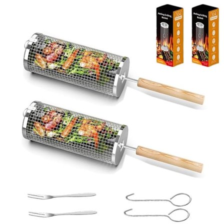 2-pak 304 rustfrit stål udendørs BBQ-kurv med træhåndtag, stålgaffel, krog, til campingkulgrill