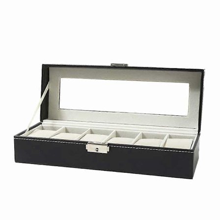 CASA 6 Slots Læder Urkasse Display Organizer Glas Smykkeopbevaring