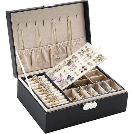 Læder smykkeskrin til kvinder og piger, to-etagers arrangør til halskæder, øreringe, armbånd, ringe, ure (sort)
