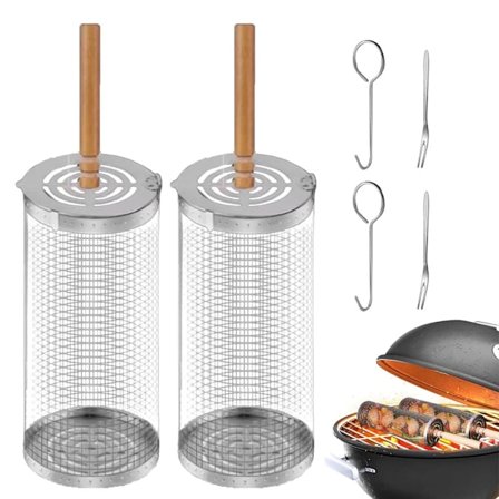 1/2-Pak Grillkurv i Rustfrit Stål, Rullende Grillkurv med Træhåndtag til Camping og Have_OF