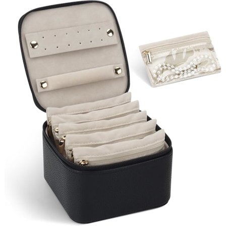 12,5x12,5x8,5cm Lite Litchi-korn Skinn Reise Smykkeskrin med 6 Gjennomsiktige Fløyelslommer for Smykkelagring Jentesmykker for Øredobber Ringer Svart