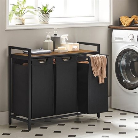 Tvättkorg med 3 utdragbara fack och hylla i trä - Svart