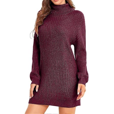 Naisten poolokaulusneulemekko, tyylikäs, rento, väljä, yksivärinen, pitkähihainen, neulosmekko toimistoon, viininpunainen S