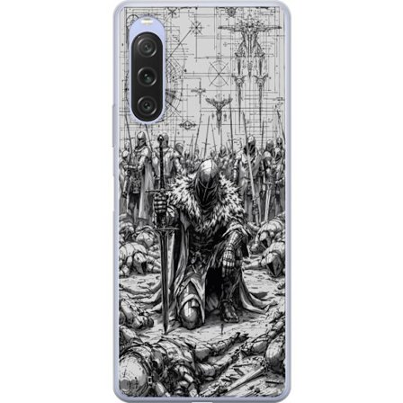 Yhteensopiva Puhelinkuori Sony Xperia 10 V Keskiaikainen ritari soturi taistelukenttä mustavalkoinen eeppinen sotajoukko miekat synkkä fantasia panssa