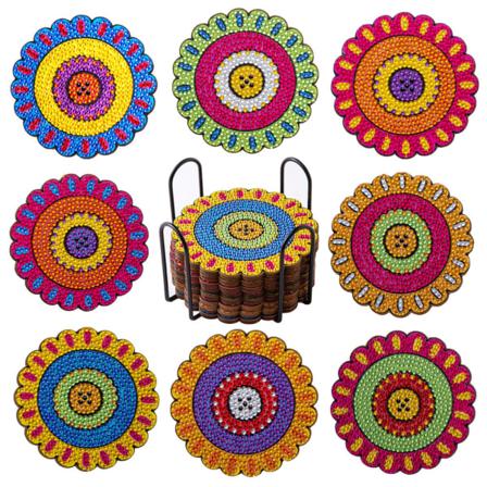 8 stk. DIY Diamond Painting Coaster Set - Farverige mønstre, Co