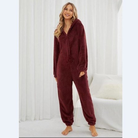 Dame Vinter Fluffy Fleece Hettelue All-in-One Jumpsuit Vinrød 2XL
