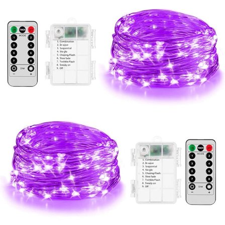 50 LED-slingor med fjärrkontroll, lila, för jul, trädgård, sovrum, 2-pack 16 fot