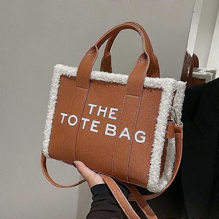 Tote Bag for Kvinner Vinter Designer Lammeull PU Mote Bokstaver Håndvesker Kvinner Luksus Skulderveske Crossbody Håndveske Brun