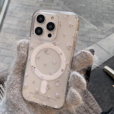 Etui til iPhone 15 Magnetisk telefonetui Liten klar blomstret magnetisk kortholder i lær