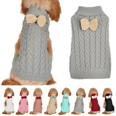 Hundetrøje med Høj Hals og Sløjfe - Varm Vintertrøje Strikket Trøje Hæklet Hundekåbe Julekostume til Små, Mellemstore og Store Hunde og Katte (L)