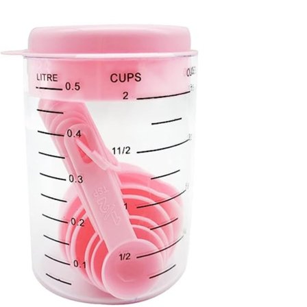 7 stk./sæt af plastik målebægre og skeer, køkkenredskaber til måling af køkkenristet kaffeskala skeer. (Pink)