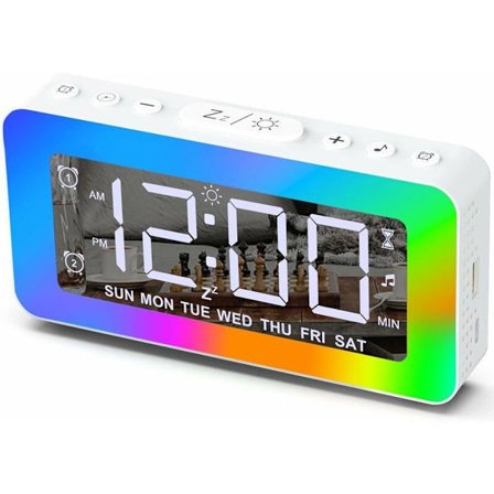 Sängklocka: Dubbel väckarklocka med 8 RGB-nattlampor, spegelklocka med USB-port