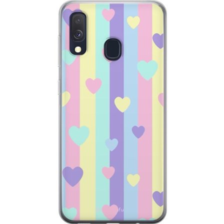 Yhteensopiva Puhelinkuori Samsung Galaxy A40 Pastelliraitoja pinkissä, keltaisessa, violetissa ja sinisessä, joissa on hajallaan pehmeitä kawaii-tyyli