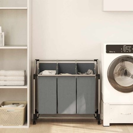 Tvättkorg med hjul 3 fack grå