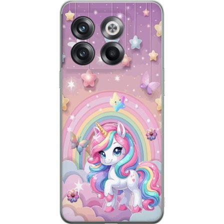 Yhteensopiva Puhelinkuori OnePlus 10T Maaginen yksisarvinen, jolla on sateenkaarimane, tähtiä ja perhosia vasten pastellinväristä taivasta, jossa on p