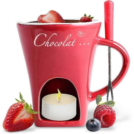 Chokladfondue Mugg Kaffekopp Chokladsmältningsmugg med Gaffel Fondueset Värmare Mugg Godis Hot Pot röd
