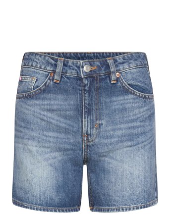 Monki Aimo Mid-Rise Straight Leg Denim Shorts - Blue - 26