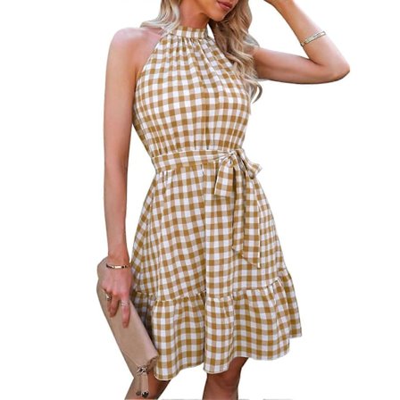 Dame Halterneck Ærmeløs Ternet Kjole En Del Flæse Flydende Kant Nøglehulsryg Høj Talje A-linje med Bælte