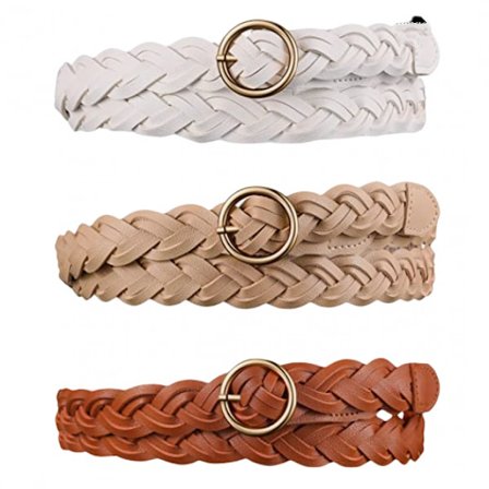 3-delad kvinnors vävda bälte tätt vävt bälte O-ring klänningsbälte denim kjol byxor bälte - Vit, Khaki, Brun