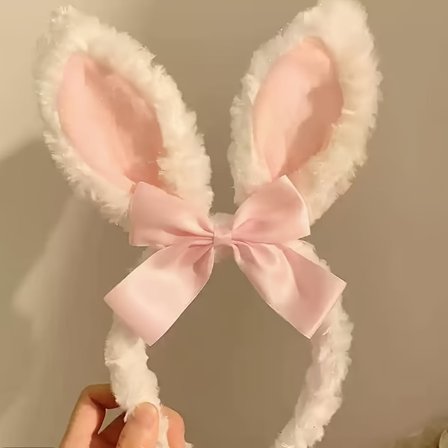 Søtt pannebånd med blomster og kaninører for kvinner, plysjhårklemme, hårstrikk, hårtilbehør